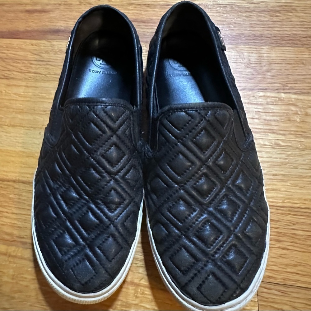 Tory Burch Jesse Quilted Slip-on Black Leather Sneaker Size 7.5 Loafer Flats